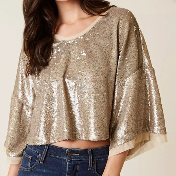 FREE PEOPLE Champagne Dreams Sequined Slouchy Crop Top Gold Small Womens Relaxed - Picture 2 of 16